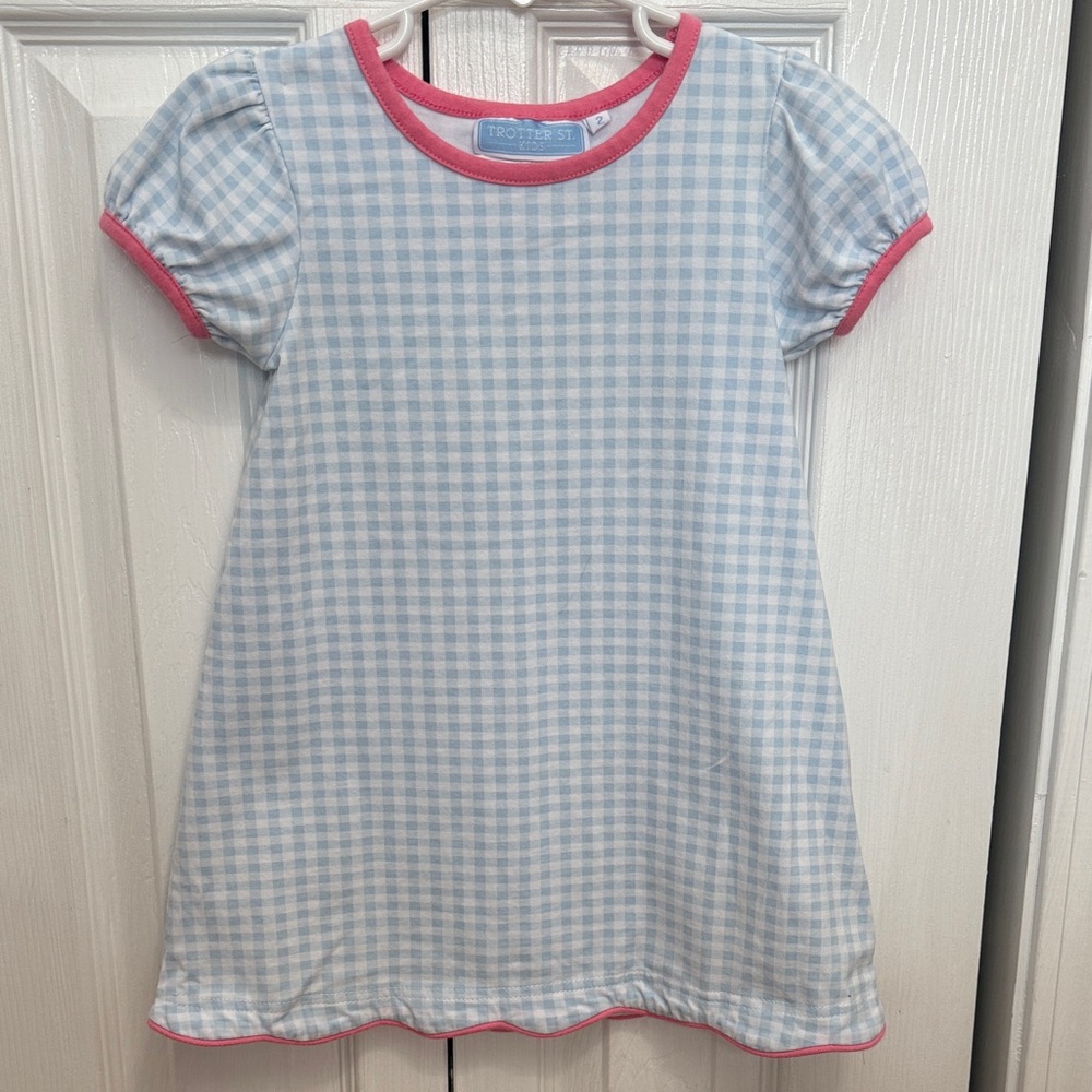 Trotter St. Kids Blue Gingham Dress with Pink Trim